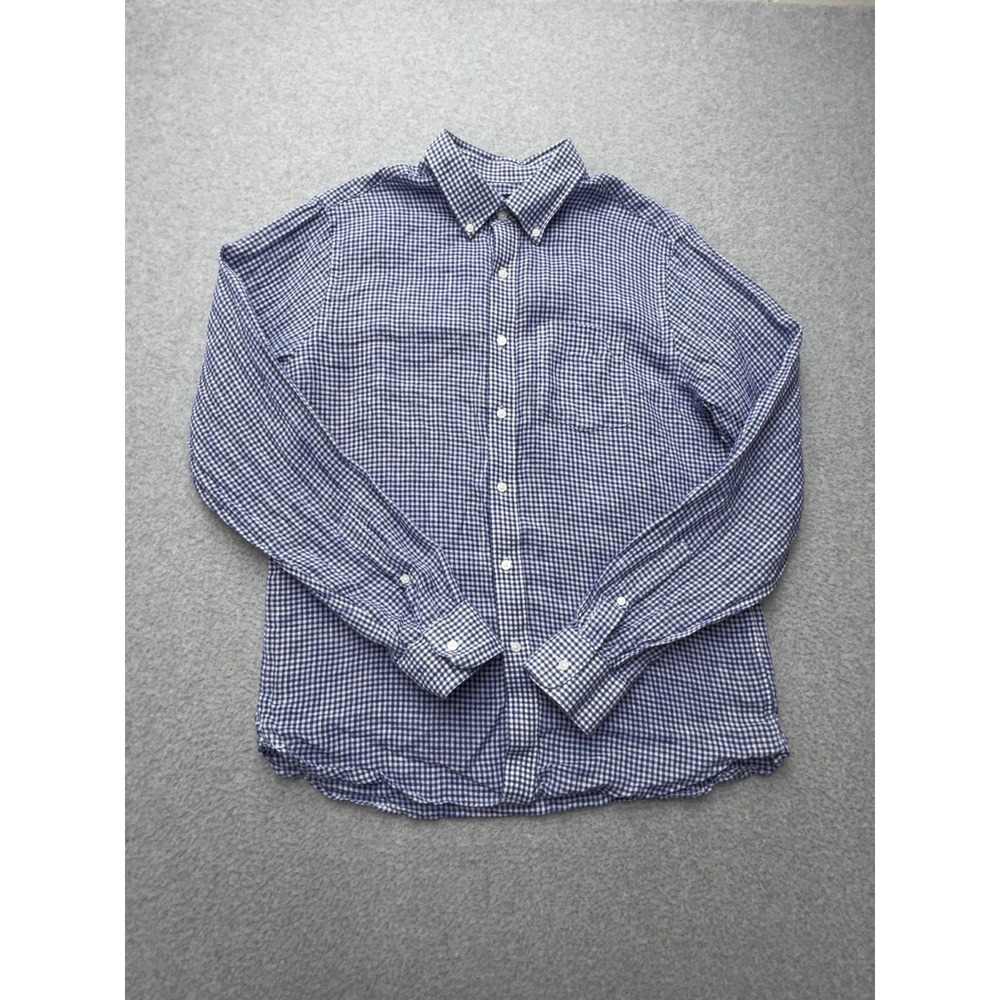 Tie Bar Shirt Mens Medium Blue Check Linen Long Sleeve Button Down‎ Trim Fit